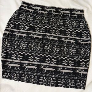 Black & Grey Knit Bodycon Skirt with Nordic Reindeer Pattern